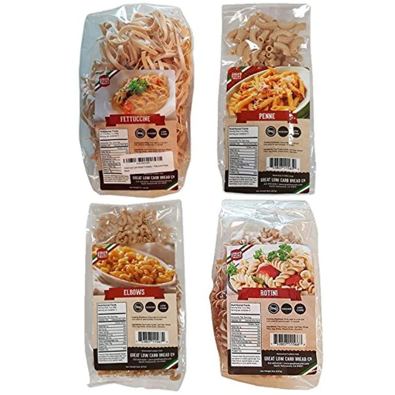 Photo 1 of 4 Pack Assortment Low Carb Pasta, Fettuccine, Rotini, Penne, and Elbows, Great Low Carb Bread Company EXP 1/25
FACTORY SEALED