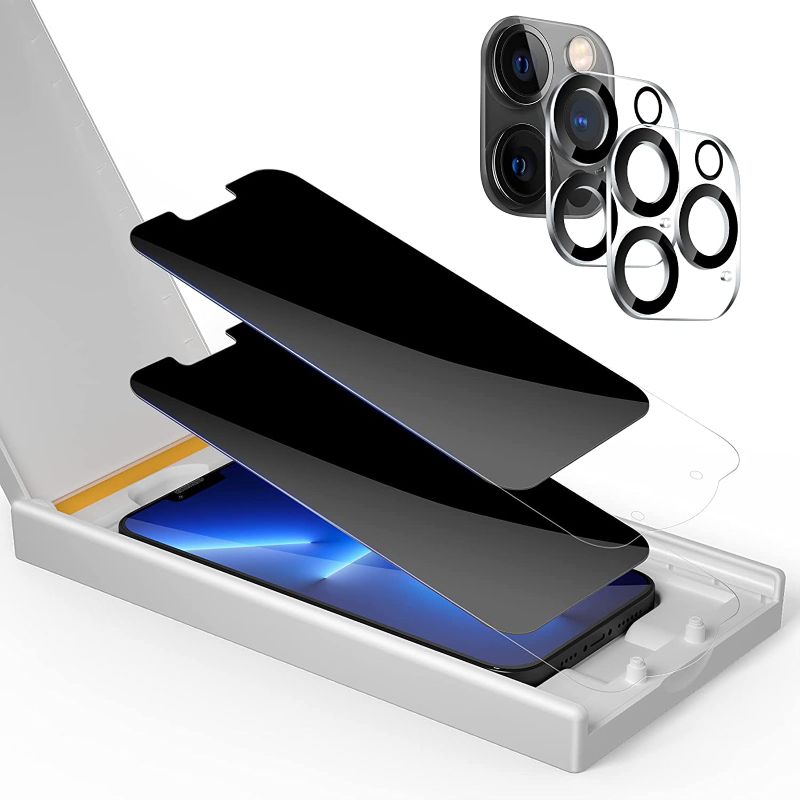 Photo 1 of  Privacy Screen Protector for iPhone 13 Pro 6.1-inch with Camera Lens Protector [Easy Installation Kit] 2.5D Edge +/-28 Degree Anti Spy HD Shatter/Scratch Resistant Tempered Glass Film,2+2