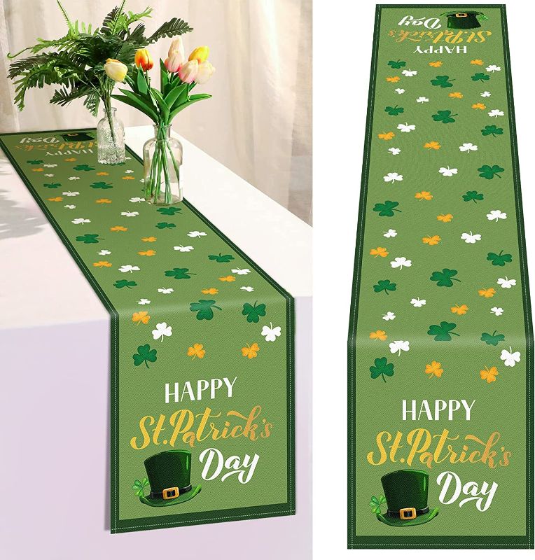 Photo 1 of 2 PCS St. Patrick's Day Table Runners 72 Inches Long Green Shamrock Table Runners Irish Linen Table Runners Spring Table Cloth Runners for Patrick's Day Spring Wedding Dining Party Supplies
