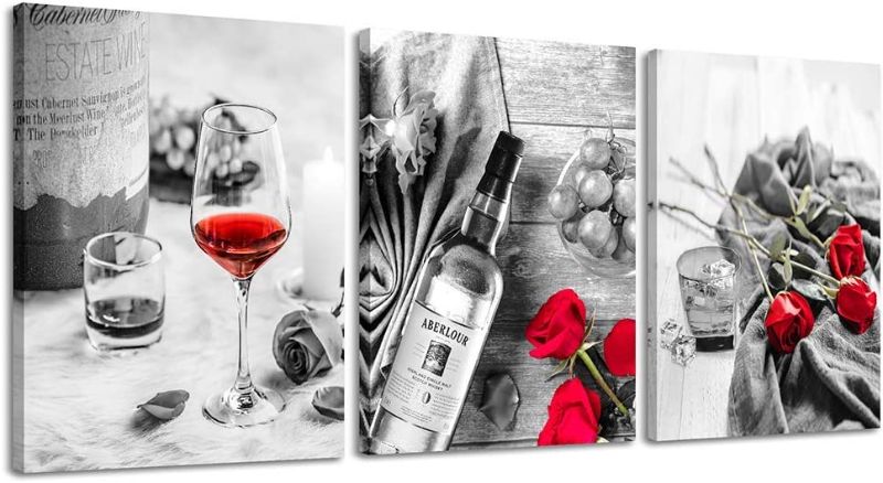 Photo 1 of Canvas Wall Art Decor Wine Painting Artwork Poster Red Wine In Cups With Ice Rose Black White Canvas Wall Art Print Framed Pictures Red Rose Poster Giclee For Kitchen Bar Home Decorations 3 Piece