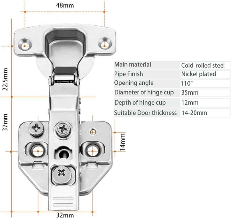 Photo 2 of AJOMAN Clip On Full Overlay 2 Way 3D Adjustable Soft Closing 110 Degree Concealed Frameless Kitchen Cabinet Door Hinges with Screws and Installation Diagram Hydraulic Damping (20 Pieces)