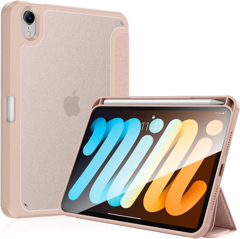 Photo 1 of Bokeer iPad Mini 6 Case/iPad Mini 6th Generation Case with Pencil Holder, Hard PC Translucent Frosted Back with Soft Edge Bumper, Support Auto Sleep/Wake (Rose Gold)