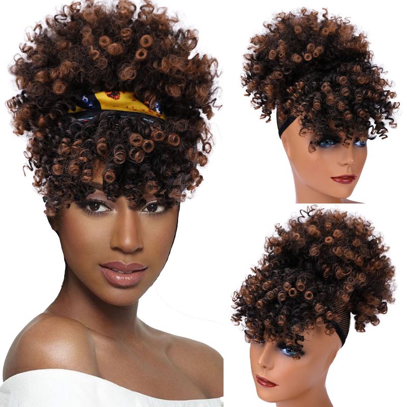 Photo 1 of Afro Puff Drawstring Ponytail with Bangs, Short Curly Puff Ponytail with Bangs Clip in Wrap, Curly Pineapple Ponytail with Bangs for Women (Color: #T1B/30)