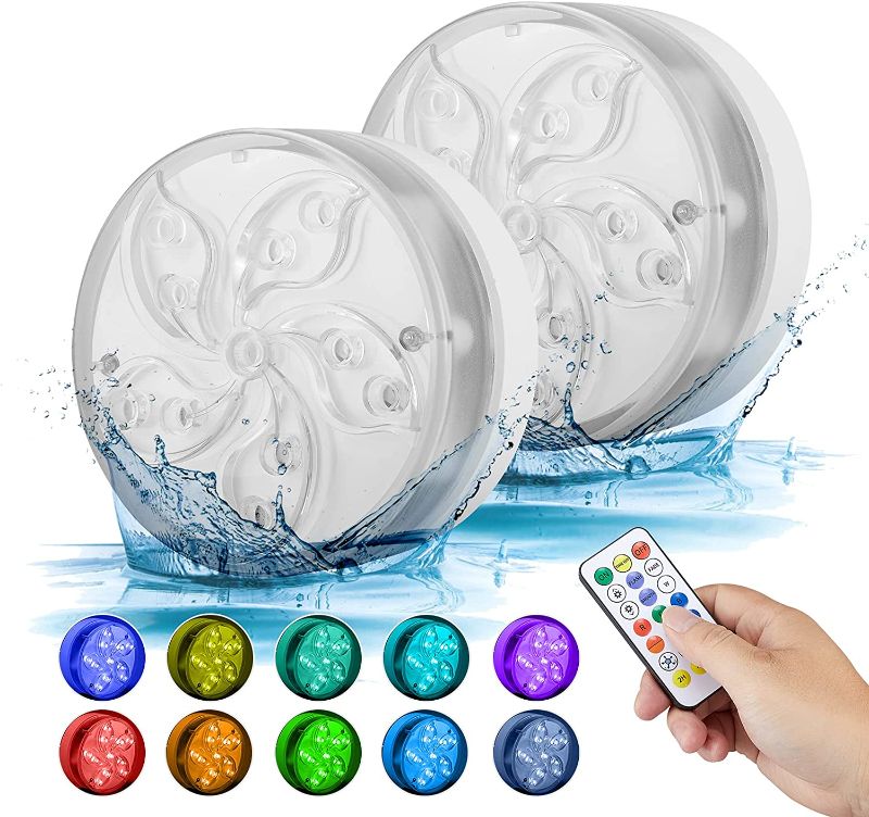 Photo 1 of Youtob Submersible LED Pool Lights with Remote, IP68 Waterproof Pond Lights, Bathtub Light with Suction Cups Magnets, Underwater Lights Color Changing Battery Lights for Aquarium, Fountain - 2 Pack