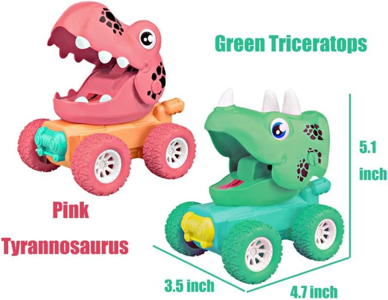 Photo 2 of Dinosaur Toy car for 3 4 5 Year Old boy Toy Truck 2 Pack Monster Truck (Triceratops Green + Tyrannosaurus Pink)