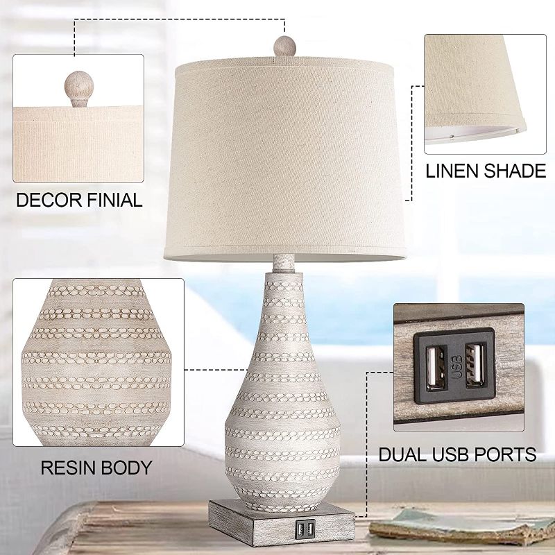 Photo 1 of 3 Way Dimmable Touch Lamps for Bedroom Set of 2, Bedside Lamp with USB Ports,Rustic Table Lamp for Living Room with Gray Body, Resin Nightstand Lamp with Linen Shade, Farmhouse Lamp for Study Room