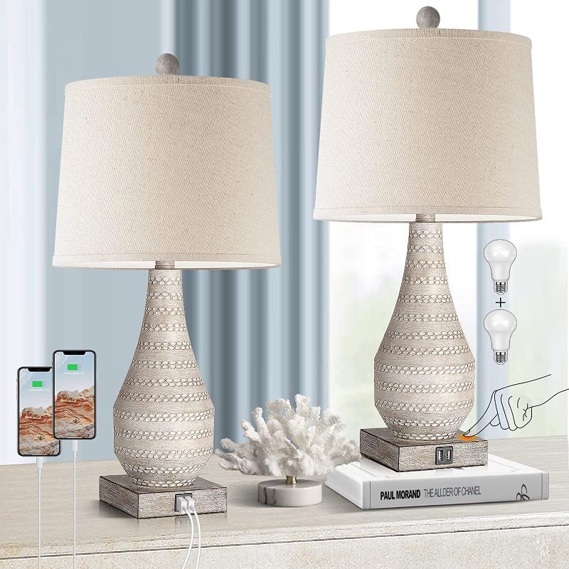 Photo 1 of 3 Way Dimmable Touch Lamps for Bedroom Set of 2, Bedside Lamp with USB Ports,Rustic Table Lamp for Living Room with Gray Body, Resin Nightstand Lamp with Linen Shade, Farmhouse Lamp for Study Room