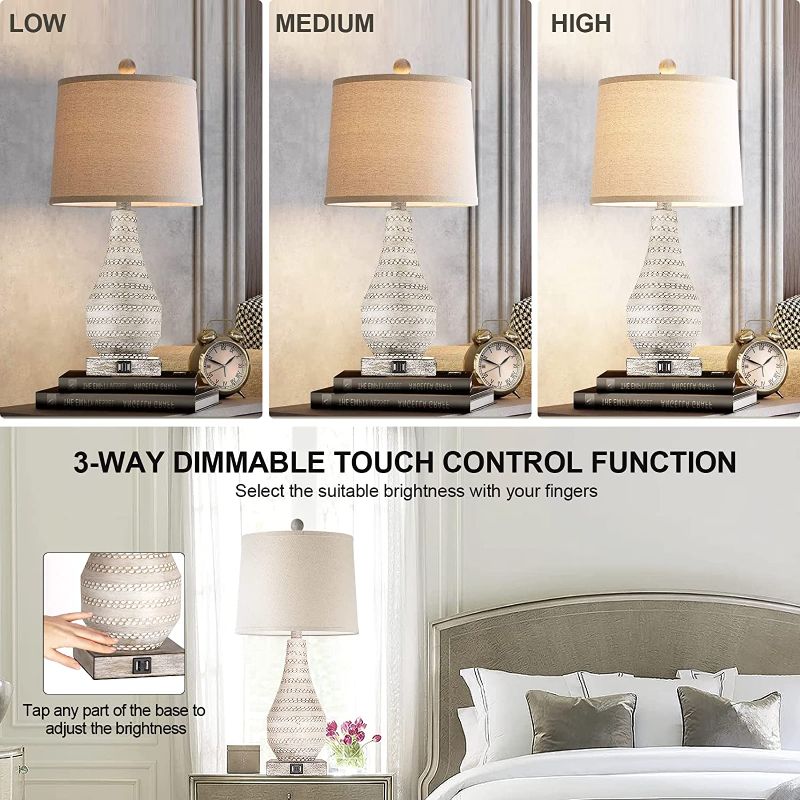 Photo 1 of 3 Way Dimmable Touch Lamps for Bedroom Set of 2, Bedside Lamp with USB Ports,Rustic Table Lamp for Living Room with Gray Body, Resin Nightstand Lamp with Linen Shade, Farmhouse Lamp for Study Room