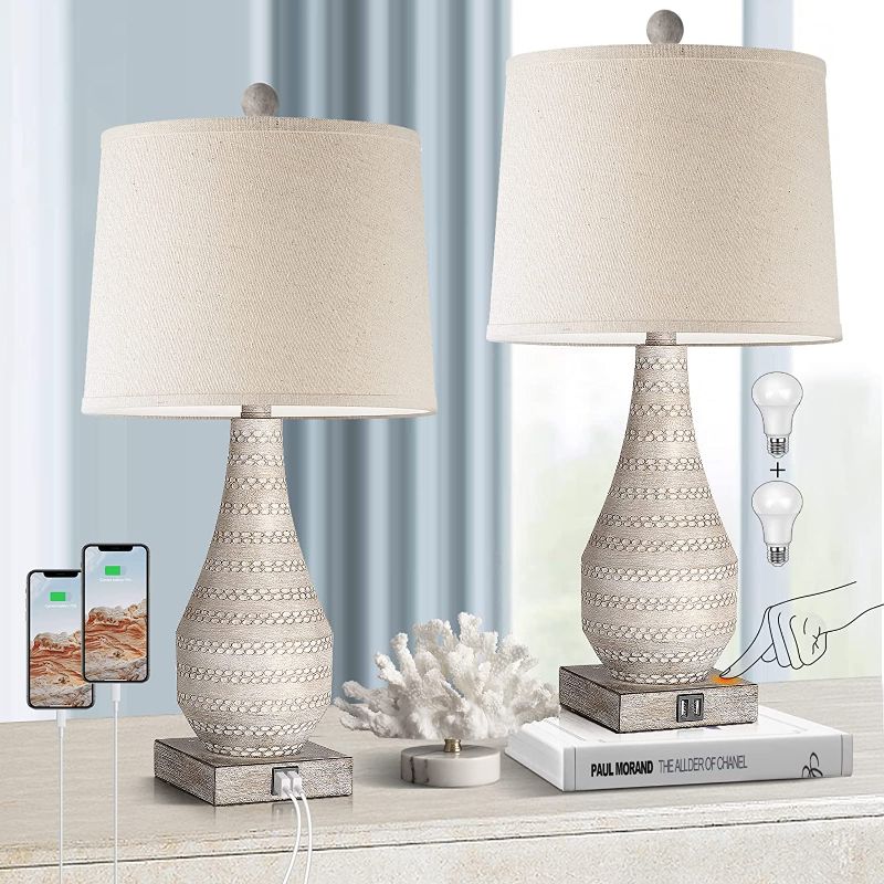 Photo 1 of 3 Way Dimmable Touch Lamps for Bedroom Set of 2, Bedside Lamp with USB Ports,Rustic Table Lamp for Living Room with Gray Body, Resin Nightstand Lamp with Linen Shade, Farmhouse Lam