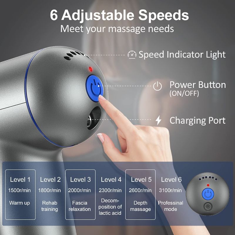 Photo 2 of Deep Tissue Muscle Massage Gun USB Rechargeable Super Quiet Percussion Massage Gun 6 Speeds Handheld Electric Massager Body Massage with 4 Massage Heads and 2 USB Charging Cables ,Grey