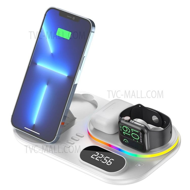 Photo 1 of A06 4 in 1 Mobile Phone Fast Wireless Charger Multi-functional Charging Dock with Clock Display/RGB Light - White