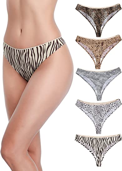 Photo 1 of  Seamless, Soft, Spandex Stretchy Nylon Leopard Print Animal Print Thongs for Women PACK OF 5 SIZE SMALL