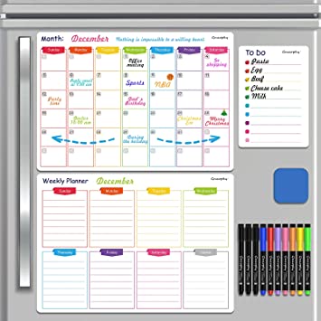 Photo 1 of 3 Pcs Magnetic Dry Erase Calendar Whiteboard, Magnetic Calendar White Board for Refrigerator with 10 Markers, Monthly Weekly Organizer Daily Notepad, Kitchen Fridge Planners, Family Calendar
