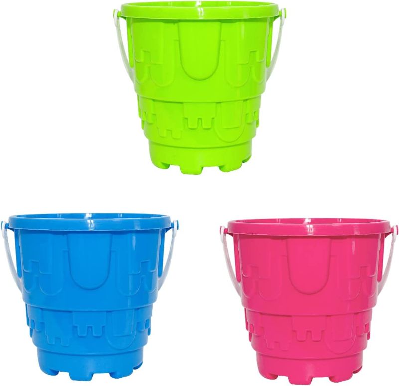 Photo 1 of Holady 3 Pack Plastic Beach Castle Mold Buckets, 7.3'' Large Size Sand Bucket Water Bucket for Beach Fun Great Summer Party Accessory(Green,Blue,Rose red)
