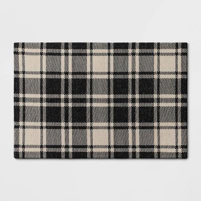 Photo 1 of 2'x3' Indoor/Outdoor Woven Tapestry Plaid Rug Black - Threshold
