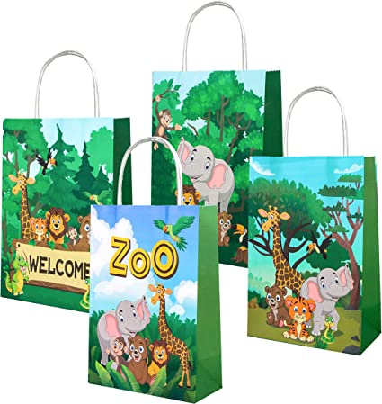 Photo 1 of 12pcs Safari Gift Bags Jungle Animal Goodie Bags with Handles for Jungle Theme Birthday Party Favor Baby Shower Supplies