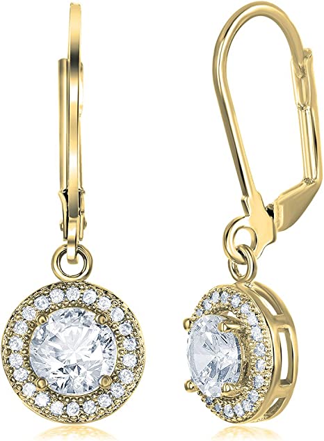 Photo 1 of Cate & Chloe Juliana 18k Gold Round Cut CZ Halo Drop Earrings, Dangling Crystal Round Cut Earring Set for Women, Cubic ZIrconia Halo Earrings, Wedding Anniversary Jewelry