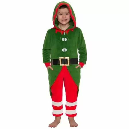 Photo 1 of Elf One Piece - Plush Kids Holiday Costume Jumpsuit by FUNZIEZ! (10-12 Youth)

