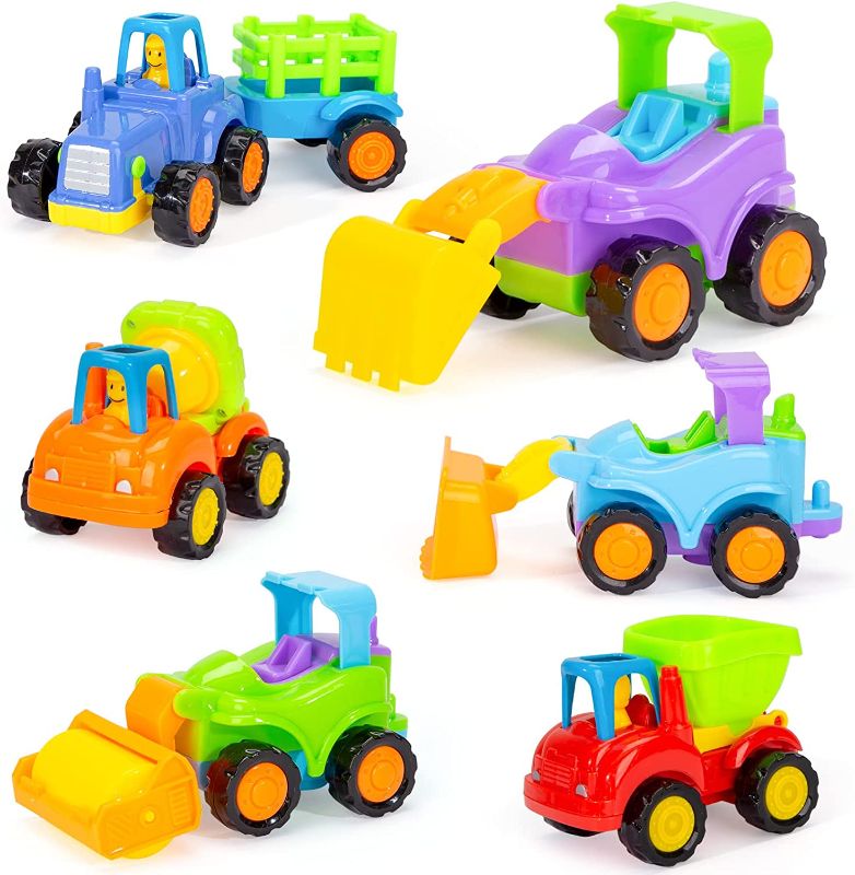 Photo 1 of 3 otters 6PCS Friction Powered Cars for Toddlers, Push and Go Construction Vehicles Toys Set, Tractor Bulldozer Dump Truck Cement Mixer Toys for Toddlers 1-3
