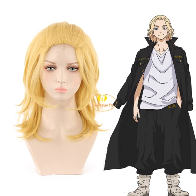 Photo 1 of Cosplay Wig Anime Tokyo Revengers Manjiro Sano Mikey Cosplay Wig Long Blond Curly Hair Heat Synthetic Free Wig Cap Party Men Women Wig
