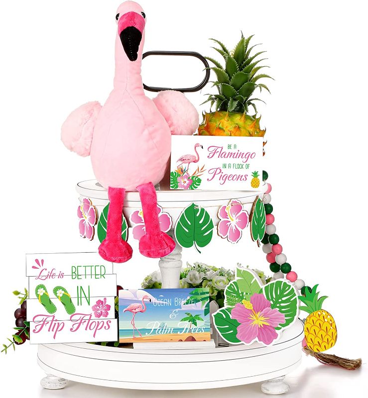 Photo 1 of 12 Pcs Summer Hawaii Tiered Tray Decor Sign Pool Summer Farmhouse Decor Rustic Beachy Decor Wooden Summer Home Decorations Including Gnome Beaded Garland for Home Kitchen Shelf Coffee Table (Flamingo)
