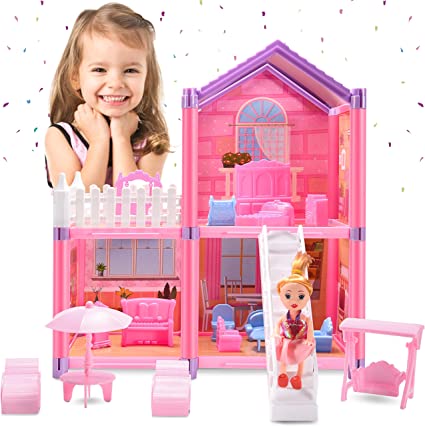 Photo 1 of Dollhouse Building Toys Figure, Dreamhouse with Furniture, Stairs, Living Bed Party Room, Garden Yard, 3 Rooms DIY Cottage Girl Pretend Playset, Gifts for 3 4 5 6 7 8 9 10 Year Old Girls Toys
