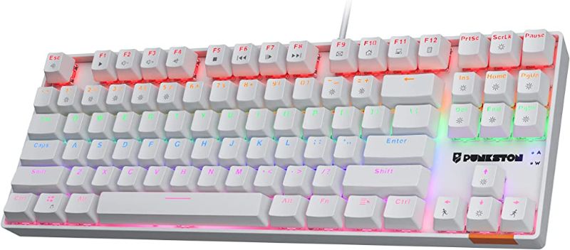 Photo 1 of Punkston TK87 Mechanical Gaming Keyboard, RGB Rainbow LED Backlit TKL 87 Keys Anti-Ghosting PC Gaming Wired Keyboard for Windows/Mac (Blue Switch, White)
