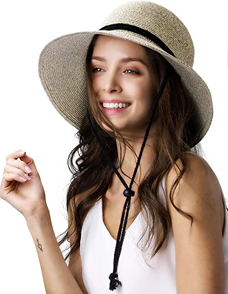 Photo 1 of FURTALK Womens Wide Brim Sun Hat with Wind Lanyard UPF Summer Straw Sun Hats for Women  MEDIUM