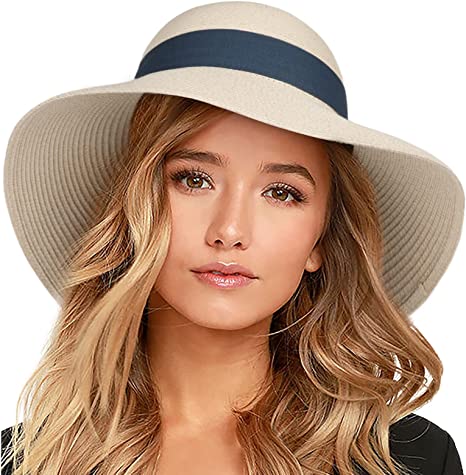 Photo 1 of FURTALK Womens Beach Sun Straw Hat UV UPF50 Travel Foldable Brim Summer UV Hat  LARGE (LINING IS BLUE)
