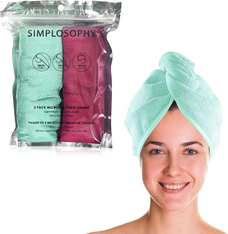 Photo 1 of 2 Pack of Microfiber Hair Turban Towel Wrap Quick Dries Hair Out of The Shower Simplosophy  (Colors Vary)