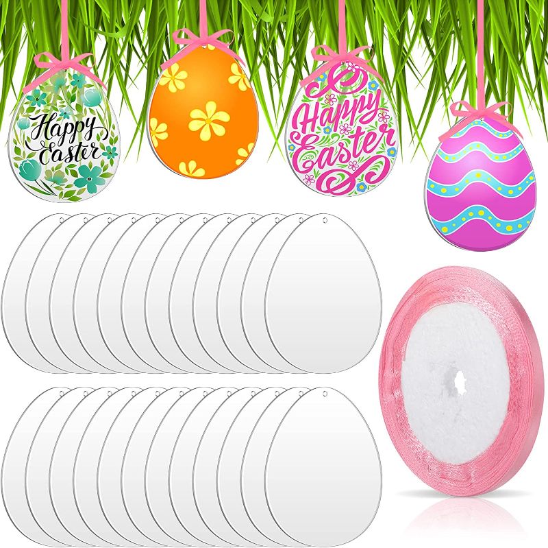 Photo 1 of  Yulejo 50 Pieces Acrylic Easter Ornament with Pink Ribbon Easter Egg DIY Clear Acrylic Blanks Tag Egg Cutouts Discs Transparent Easter Tree Ornament Hanging Egg for Easter Party Home Decor (4 Inches) - SET OF 2 -