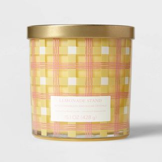 Photo 1 of 15oz Lidded Glass Jar 2-Wick Candle Plaid Print Lemonade Stand Yellow - Opalhouse™

