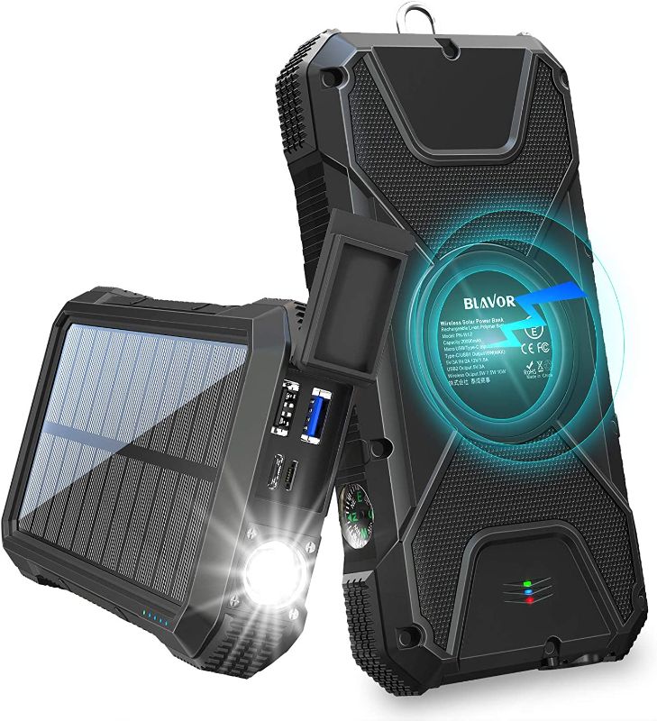 Photo 1 of BLAVOR Solar Charger Power Bank 18W, QC 3.0 Portable Wireless Charger 10W/7.5W/5W with 4 Outputs & Dual Inputs, 20000mAh External Battery Pack IPX5 Waterproof with Flashlight & Compass (Black)
SEALED 