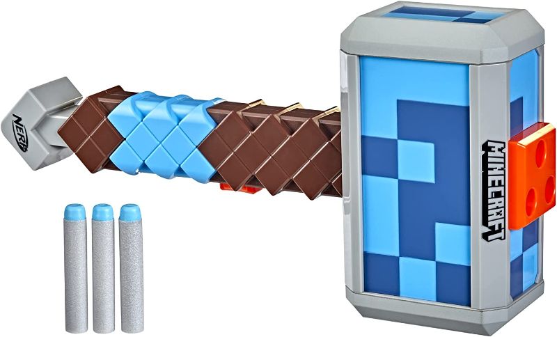 Photo 1 of NERF Minecraft Stormlander Dart-Blasting Hammer, Fires 3 Darts, Includes 3 Official Elite Darts, Pull-Back Priming Handle
