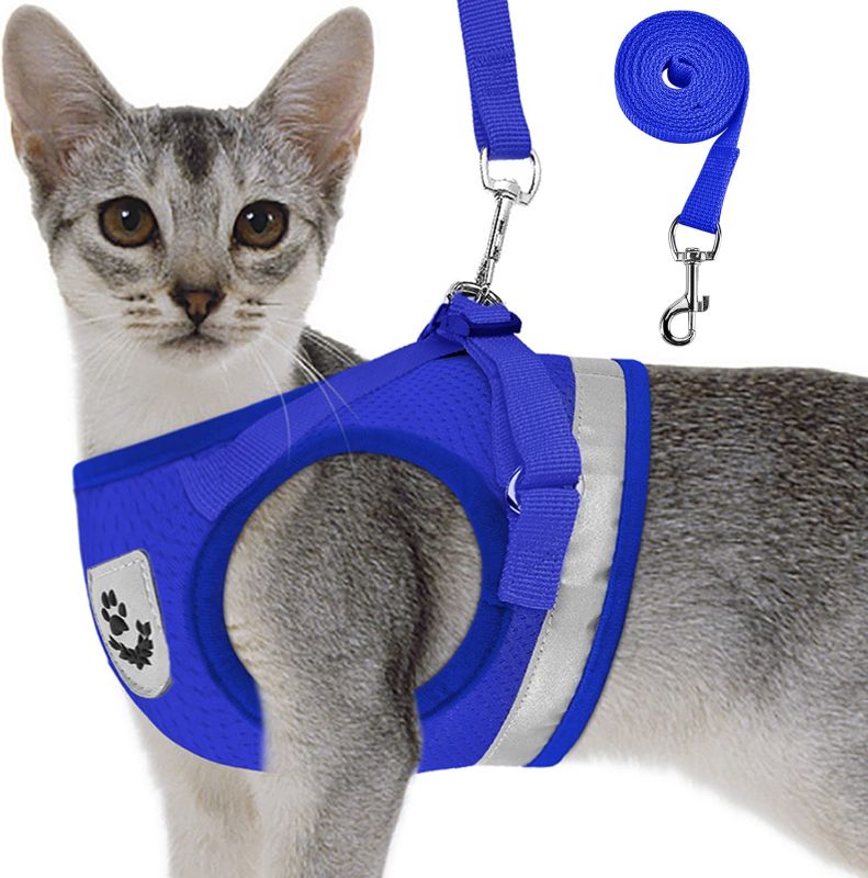 Photo 1 of Cat Harnesses and Puppy Harness with Leashes Set, Escape Proof Cat Harness, Adjustable Reflective Soft Mesh Vest Fit Puppy Kitten Rabbit Ferrets's Outdoor Harness (Blue, XS, Chest: 6" - 8")