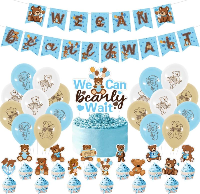 Photo 1 of  OULUN Teddy Bear Baby Shower Decorations We Can Bearly Wait Banner Bear Cupcake Toppers Blue & Brown & White Balloons for Teddy Bear Theme Birthday Party Supplies

