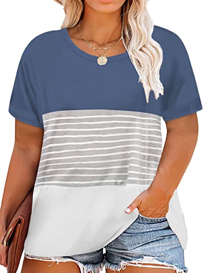 Photo 1 of 28 w  VISLILY Women's Plus Size T-Shirt Short Sleeve Striped Tunics Top