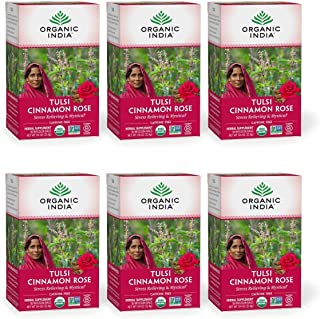 Photo 1 of Organic India Tulsi Cinnamon Rose Herbal Tea - Stress Relieving & Mystical, Immune Support, Gluten-Free, USDA Certified Organic, Supports Sugar Metabolism, Caffeine-Free - 18 Infusion Bags, 6 Pack