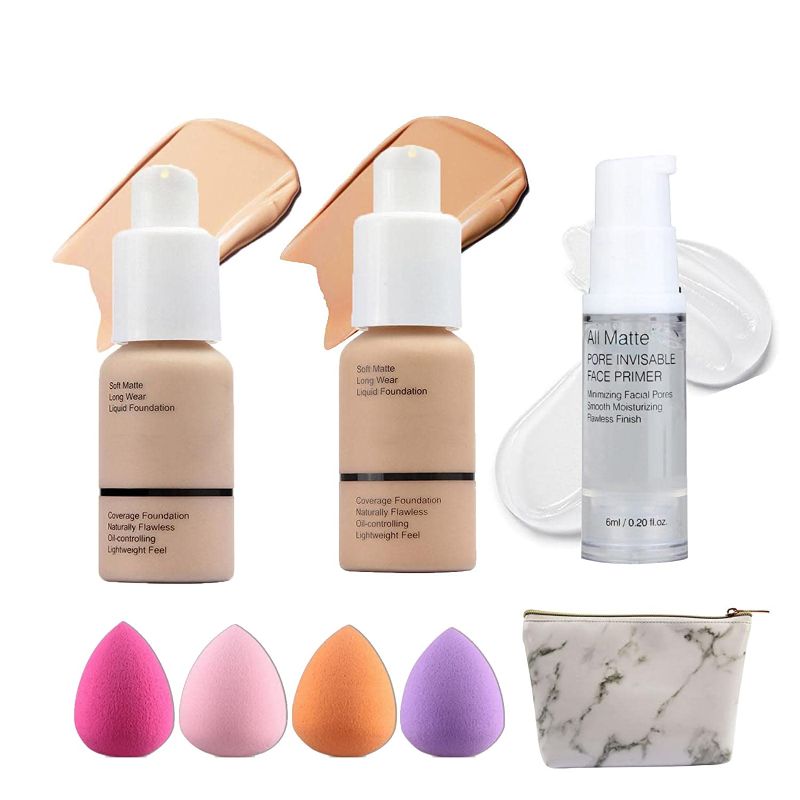 Photo 1 of 2 Pack Foundation Full Coverage Liquid Foundation, Foundation Primer, 4 Makeup Sponge, Cosmetic Bag, 24HR Matte Oil Control Concealer Foundation (Nude #102+Buff Beige #104)