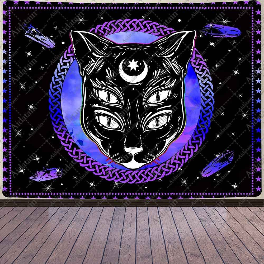 Photo 1 of Aidatain Black Cat Tapestry for Men Moon and Four Eyes Goth Divination Witchcraft Altar Tarot Wall Hanging Tapestries Flannel Large Size 80"60" for Bedroom Living Room GTLMAT149
