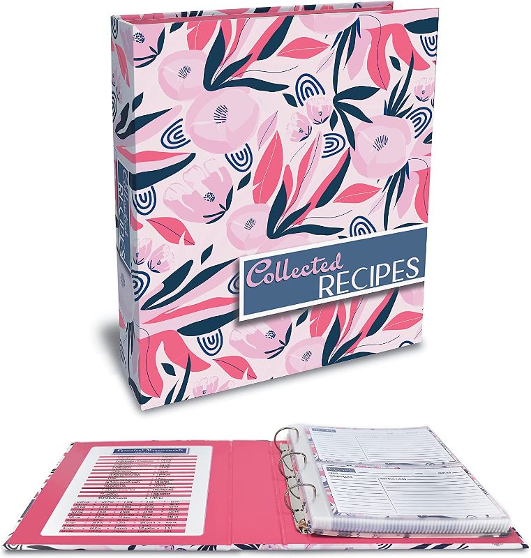 Photo 1 of Recipe Binder, 8.5" x 9.5" 3 Ring Binder Organizer Set (with 50 Page Protectors, 100 4" x 6" Recipe Cards & 12 Category Divider Tabs) by Better Kitchen Products, Floral Design
