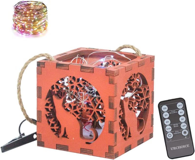 Photo 1 of Urchoice 1 Pack Coloured Led String Lights Wood Carving Deep Red Square Box Lantern(D 3.7" x H 3.7") Battery Operated with 10-Key Remote Control Timer Twinkle String Lights (Snow Fox Pattern)
