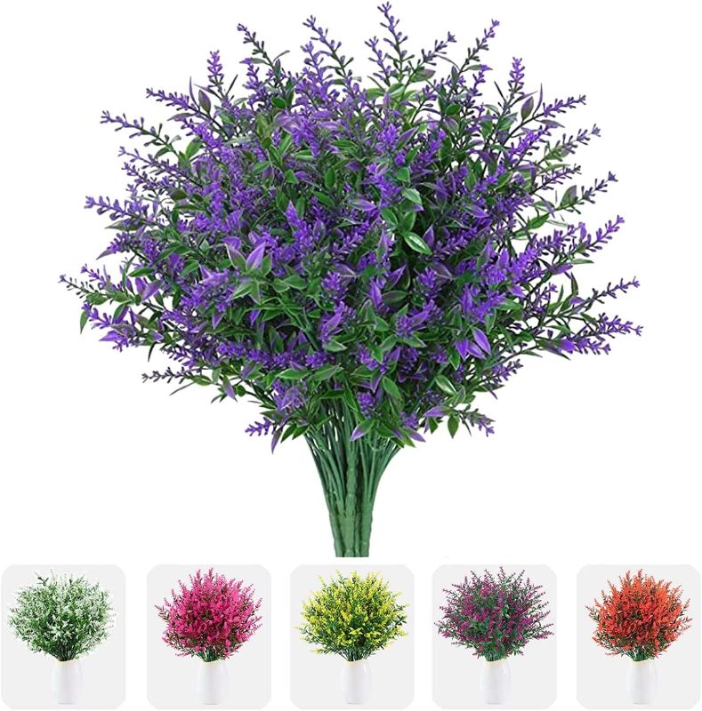 Photo 1 of 12 Bundles Artificial Flowers Fake Lavender Flower UV Resistant Shrubs Plastic Plants for Outdoor Indoor Home Garden Porch Wedding Party Decor (Purple)
