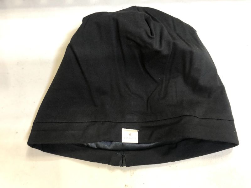 Photo 2 of YANIBEST Slouchy Beanie Hat Satin Lined Sleep Cap Satin Bonnet Chemo Headwear Caps for Women and Men Pure Black size M
