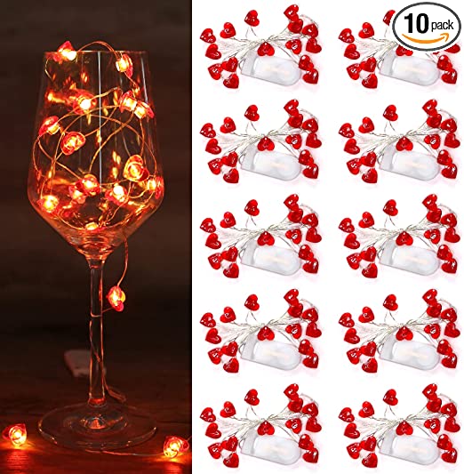 Photo 1 of 10 Pack Fairy Light Red Heart-Shaped, Battery Operated Warm Red Love Heart LED String Lights, Silver Copper Wire Starry String Light for Party, Wedding, Valentine's Day?DIY Indoor/Outdoor Decoration