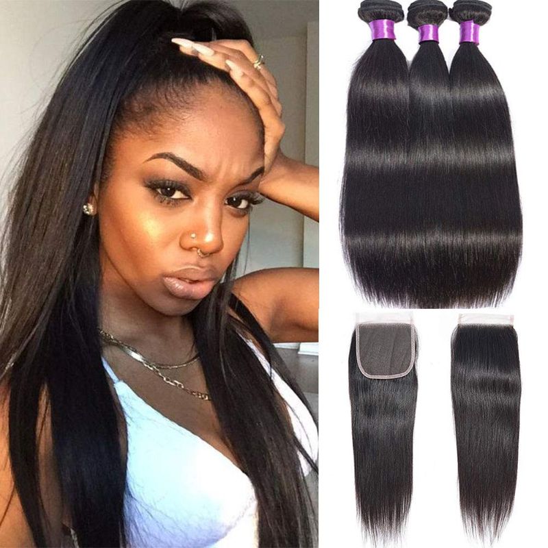 Photo 1 of Brazilian Straight Human Hair Bundles/3 Bundles WIth Closure 100% Unprocessed Virgin Straight Bundles And Closure Remy Hair Weave Natural Color No Smell (20"22"22"+18")
