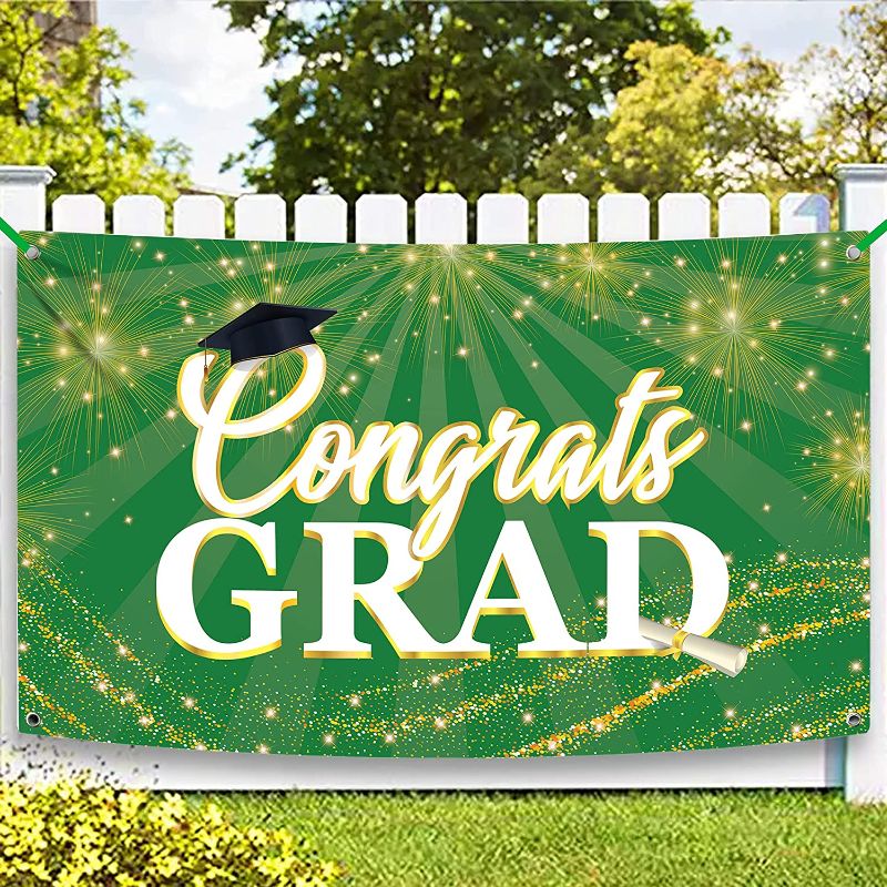 Photo 1 of 
Click image to open expanded view
Big, Congrats Grad Banner Green - 72x44 Inch | Graduation Banner for Class of 2022 Decorations | Green Graduation Party Decorations 2022 | Graduation Backdrop 2022 | Green Graduation Decorations 2022