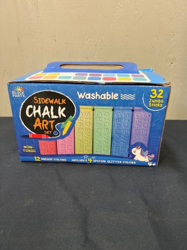 Photo 2 of Block Party Sidewalk Chalk 32-Piece Art Set - BIG BOLD Colors Includes 4 Glitter Chalk That Sparkle, Square Non-Roll Kids Chalk, Washable