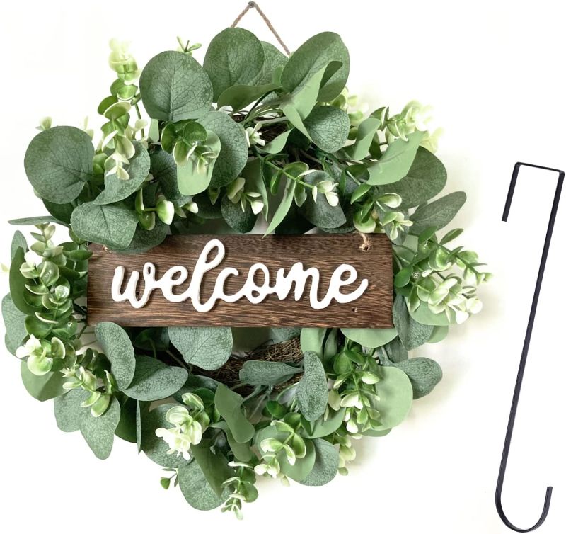 Photo 1 of AmazeFun 12 Inch Artificial Wreath, Green Leaves Wreath with Welcome Sign for Front Door Outdoor Indoor Wall Window Decorating for Festival Christmas Celebration Home Décor