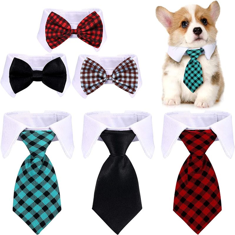 Photo 1 of 6 Pieces Adjustable Pet Bow Tie Plaid Black Red Pet Formal Tuxedo Costume Necktie Collar Puppy Grooming Ties for Small Dogs and Cats (S)